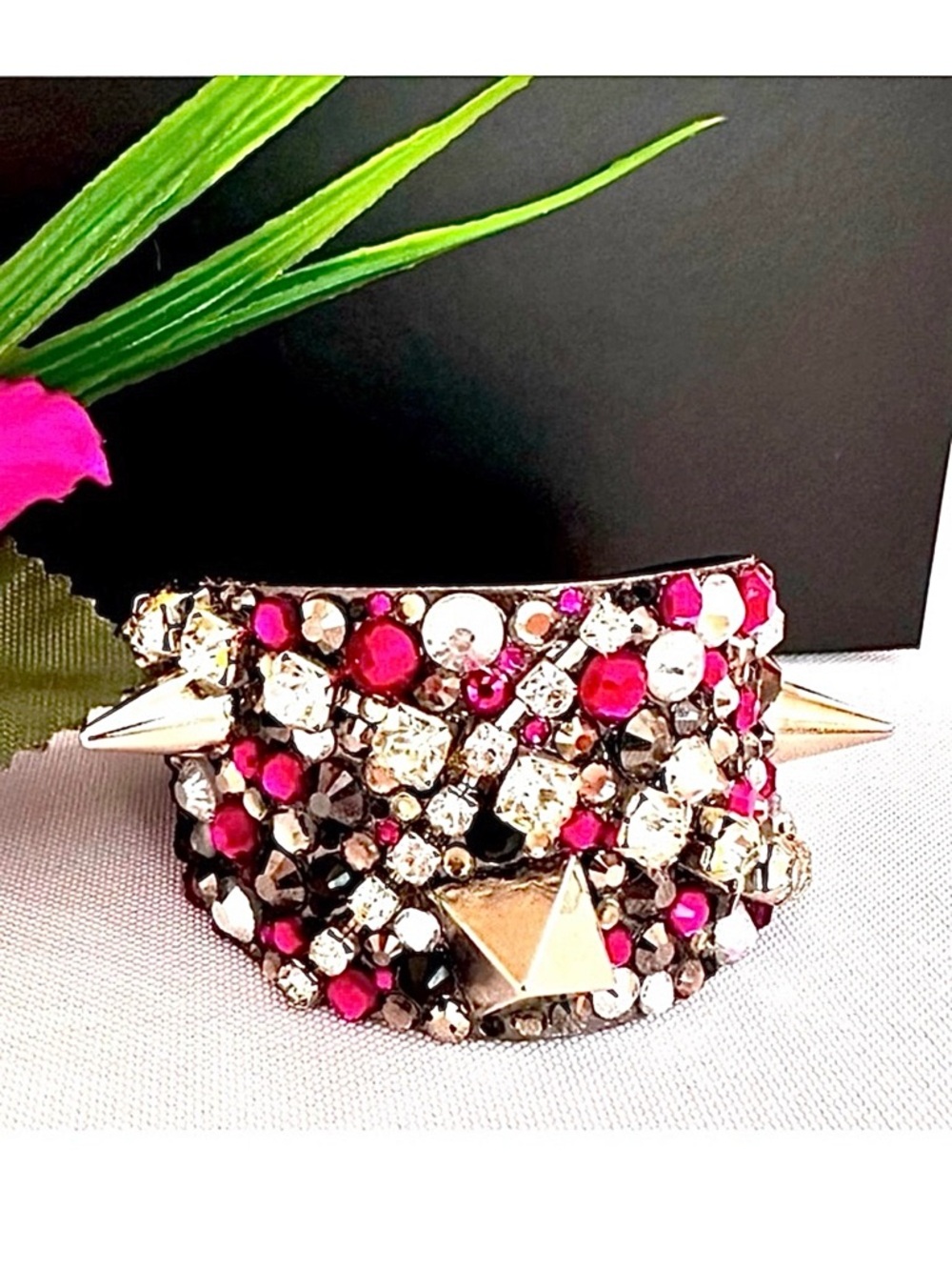 CUFF BRACELET ~ Studded Pink Silver Gray and Black Cuff w/Swarovski Crystals